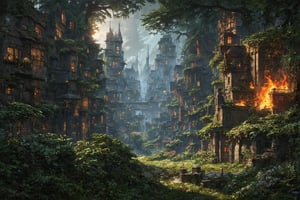 masterpiece scenery, Hyperrealistic, a0b, stunning overgrown city, high detail, intricate textures, dark surrounding, low light, nighttime setting, realistic shadows, ethereal, vibrant colors, dreamlike atmosphere, captivating expression, magical forest background, fiery glow, enchanted lighting, soft, golden light, intricate patterns in the background