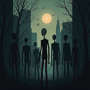 illustration in horror theme, creepy slendermen silhouette smile at camera from afar in dark city