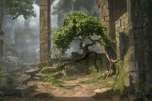 A majestic ancient city lies in shambles, overgrown with vines and moss, crumbling columns scattered across a dusty, cracked terrain. Weathered stones bear testament to forgotten civilizations, as the wind whispers secrets through worn archways. A lone tree stands sentinel, its gnarled branches embracing the ruin's fragile beauty.