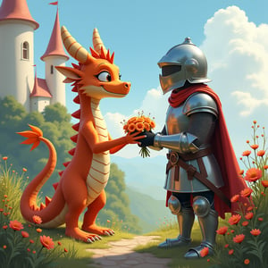 Anthropomorphic dragon girl standing on the left looking with admiration at flowers. A knight in a helmet stands to the right and holds out his hands with flowers to the dragon girl. Background castle