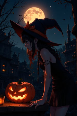 anime style, the girl who was standing in front of the table, on a full moon night, she was wearing a short black dress like a witch's costume, she also wears a black wizard hat with the additional attribute of an orange ribbon on the hat, on the table there are pumpkins that are being made into pumpkin lanterns, Jack o lanterns, her hands were on the table as she leaned towards the gourd on the table as she stared at it, view form side