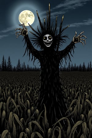 in the middle of a dry corn field, at night during a full moon, in the middle of the field there is SCARECROW standing, SCARECROW's eyes are glowing, SCARECROW is held by the wood behind him, looking at the viewer, reaching out to the viewer as if he wants to catch them.