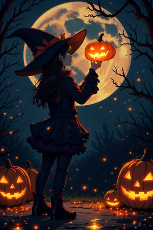 anime style, the girl who was standing in front of the table, on a full moon night, she was wearing a short black dress like a witch's costume, she also wears a black wizard hat with the additional attribute of an orange ribbon on the hat, Jack o lanterns, she lifted the pumpkin lantern up while looking up at the pumpkin lantern, view form side 