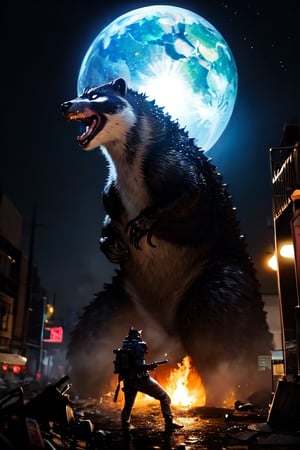 In a futuristic nocturnal landscape, a medium-sized raccoon emerges with determination. His bright eyes reflect cunning and courage as he firmly holds an AK-47 rifle in his hands. Around him lie the bodies of his comrades, silent witnesses to the devastation caused by his own hand. With a defiant stance, the raccoon appears to be the perpetrator of the massacre in this dystopian world, ready to face the consequences of his actions and challenge the oppressive forces of the future.,Godzilla,girl