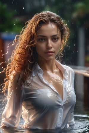 HDR photo of woman, long curly hair   ,white transparent shirt  wet with water ,soft skin, wet clothes, wet hair,  staring seductively at the viewer, rainning water . High dynamic range, vivid, rich details, clear shadows and highlights, realistic, intense, enhanced contrast, highly detailed,Sexy ultra realistic 8k photo real,photorealistic,Sexy Pose,Extremely Realistic,Styles Pose,Striking Pose,supreme (victroia secrets) hyper realistic unreal engine 8k detail cinematic