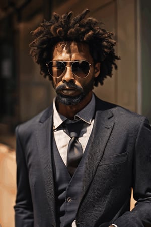  hyper realistic thin man  black suit long face with black sunglasses , thin moustache on the face , hair currly like afro hairs  ,photorealistic shoting gun toward camera 