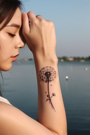 young woman with a gentle feminine fineline dandelion tattoo on her arm, photo realistic, extreme detail, 21 mm lens photography, inspirational, cinematic, 8k, Instagram style, award winning photo --v 6.0,analog