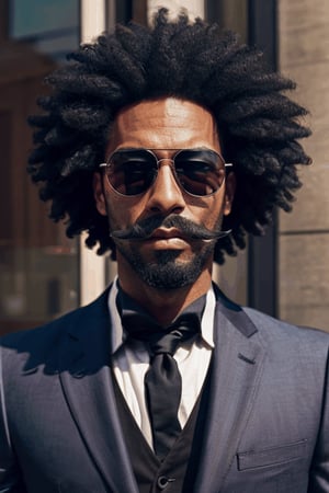  hyper realistic thin man  black suit long face with black sunglasses , thin moustache on the face , hair currly like afro hairs  ,photorealistic