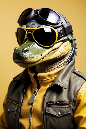 portrait photo of a anthro aligator pilot .wearing aviator sunglasses and jet fighter jacket solid yellow background
