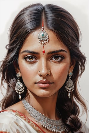 Ultra-realistic sketch, Indian woman, stunning, elegant colors, soft tones, in the style of highly detailed portraits, white background
