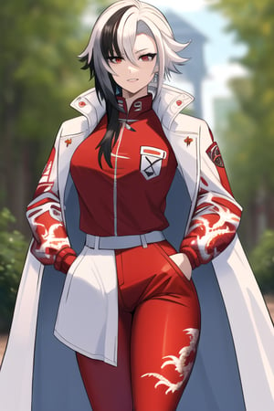 ((best quality)), ((masterpiece)), ((detailed)), female, long_hair, beautiful,  pale, regal, ((red hazmat suit,red pants, red shirt, red jacket, open jacket, yellow dragon print on jacket, pockets)), slender, large eyes, cute nose, full lips, petite, 1girl, solo, white hair, black hair, multicolored hair, x-shaped pupils, black eyes,