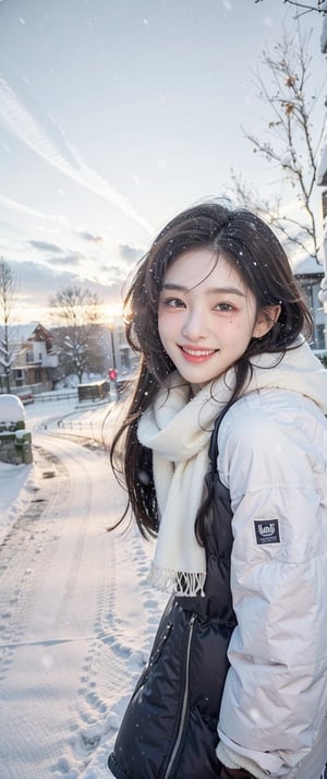 woman posing, 20yo, winter, outdoors,  suggestive smile, dark long hair, pale skin, sunset, snow, snowing