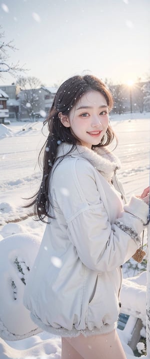 woman posing, 23yo, winter, outdoors,  suggestive smile, dark long hair, pale skin, sunset, snowing