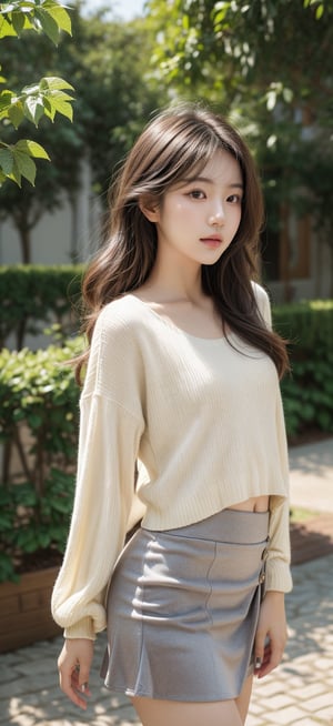 High_resolution, highly_detailed, realistic photograph, soft_lighting, 1girl, young shy korean girl, detailed_face, 170cm tall, model photoshoot, realisitic, wearing sleeveslessturtleneck top and casual_skirt, soft colour, natural_setting, outdoor garden, love, closed_mouth, hairstyle_long wavy, cool vibes,showing_love sign, real world location, 3d background,realhands, perfect body proportion, slim figure,1 girl, normal arms_length, normal_neck, small beast size