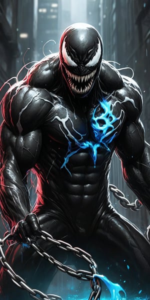 Black and white sketch, realistic, Venom, Marvel comics, chains, (((splashes of neon colors)))), blue neon colors