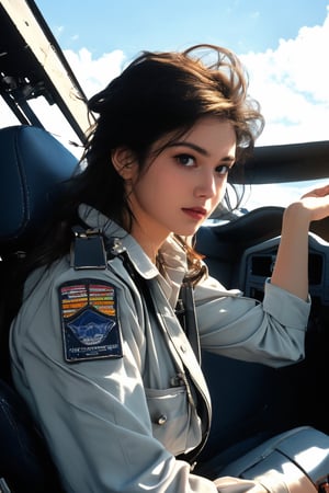 a pretty woman pilot sitting on the cockpit, sky background