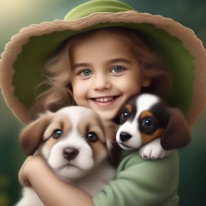 A cute little girl with big green eyes, florish large hat, smiling to camera, hugging a cute puppy. Ultra realistic photo.