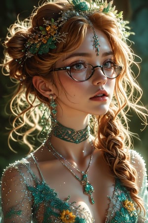 A close-up portrait of a young elf woman with fair skin and numerous freckles. She has striking blue eyes and wears round, wire-framed glasses. Her blonde hair is styled with decorative braids and beads, adorned with a headscarf. She is wearing intricate, fantasy-themed jewelry, including earrings, a necklace, and a choker. The background is softly blurred, emphasizing her detailed facial features and fantasy-themed accessories.