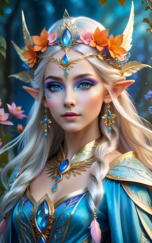 Create an ethereal fantasy character portrait of an elven princess with long, flowing silver hair. She wears a delicate golden crown adorned with blue gemstones and intricate leaf designs. Her pointed ears peek through her hair, and she has bright blue eyes with subtle gold face paint. Surround her with vibrant feathers and flowers in shades of blue, pink, and orange, creating a magical and whimsical atmosphere. The background should be softly blurred to keep the focus on her enchanting features."