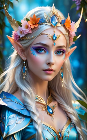 Create an ethereal fantasy character portrait of an elven princess with long, flowing silver hair. She wears a delicate golden crown adorned with blue gemstones and intricate leaf designs. Her pointed ears peek through her hair, and she has bright blue eyes with subtle gold face paint. Surround her with vibrant feathers and flowers in shades of blue, pink, and orange, creating a magical and whimsical atmosphere. The background should be softly blurred to keep the focus on her enchanting features."