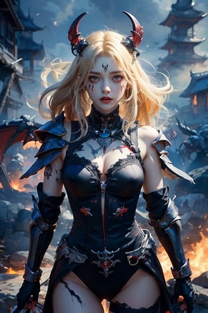 A fierce and beautiful female character with demonic features, including black horns and glowing red wings, stands in a dramatic, rocky terrain. Her blonde hair is wild and her face is decorated with elaborate black tattoos. She is clad in intricately designed dark armor with red, molten cracks that emit a fiery glow. The armor appears bloodstained from recent battles. Flames flicker around her, and her determined gaze pierces through the smoky, dimly lit background.