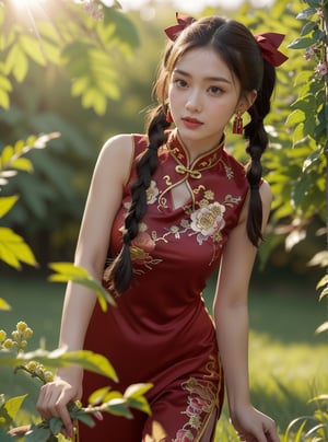 A young girl with large, expressive eyes stands amidst tall, sunlit grass. She has intricate red markings on her face and wears a traditional, ornate red cheongsam with golden embroidery. Her hair is styled in two braided pigtails adorned with red ribbons, and she has delicate, dangling earrings. The scene is set in a vibrant, glowing atmosphere, with sunlight filtering through the grass, casting a warm and ethereal light."