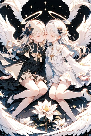 long hair, bangs, multiple girls, hair ornament, long sleeves, dress, bow, 2girls, full body, closed eyes, flower, white hair, heart, frills, wings, hair flower, wide sleeves, black dress, siblings, halo, cross, black background, feathered wings, angel wings, twins, white wings, angel, contrast