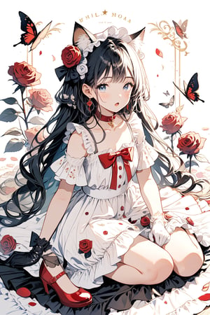 1girl, solo, long hair, looking at viewer, blush, open mouth, bangs, blue eyes, hair ornament, hat, dress, bow, holding, animal ears, sitting, full body, flower, white hair, frills, cat ears, hair flower, english text, animal ear fluff, rose, floral print, bug, white flower, butterfly, lolita fashion, white rose
1girl, solo, long hair, looking at viewer, bangs, black hair, hair ornament, red eyes, gloves, dress, ribbon, holding, twintails, jewelry, sitting, full body, flower, short sleeves, earrings, frills, choker, white gloves, hair flower, white dress, english text, petals, rose, frilled dress, bug, white flower, red flower, butterfly, red footwear, red rose, red choker, white rose