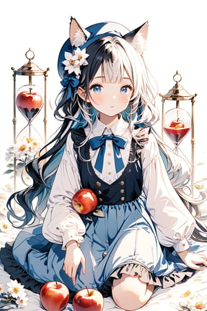 1girl, solo, long hair, looking at viewer, blush, bangs, blue eyes, simple background, black hair, long sleeves, hat, white background, dress, bow, ribbon, animal ears, flower, white hair, grey hair, multicolored hair, frills, food, cat ears, blunt bangs, two-tone hair, animal ear fluff, fruit, blue dress, blue bow, white flower, cat girl, blue headwear, minigirl, apple, in container, hourglass