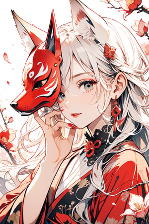 1girl, solo, long hair, looking at viewer, holding, jewelry, upper body, white hair, grey hair, earrings, hand up, nail polish, fingernails, grey eyes, petals, eyelashes, mask, portrait, red nails, fox mask, holding mask