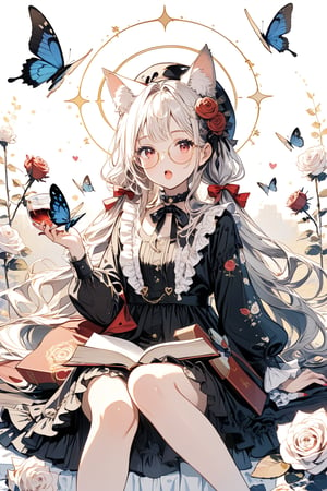 1girl, solo, long hair, looking at viewer, blush, open mouth, bangs, blue eyes, hair ornament, hat, dress, bow, holding, animal ears, sitting, full body, flower, white hair, frills, cat ears, hair flower, english text, animal ear fluff, rose, floral print, bug, white flower, butterfly, lolita fashion, white rose
1girl, solo, long hair, looking at viewer, bangs, brown hair, hair ornament, red eyes, long sleeves, bow, holding, twintails, hair bow, heart, glasses, choker, cup, book, chain, halo, red nails