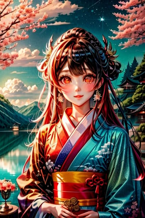 High quality, masterpiece, 1girl, shiny long red hair in a pnytail, brigth turquoise pupils, a long yukata with images of clouds and flowers, sitting under a tree and overlooking a lake,Illustration,ayaka_genshin,klee (genshin impact),wrenchmicroarch,seek,tshee00d,Futuristic room,ghostrider,dragonyear,score_9,style,1 girl ,sangonomiya kokomi (sparkling coralbone),firefliesfireflies,Void volumes