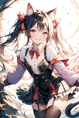 A whimsical scene unfolds: a girl with long, flowing black hair adorned with an ornament, gazes directly at the viewer with a blush-inducing smile. She wears thigh-high stockings and long sleeves, exuding a sense of innocence. Beside her stands a boy, boasting vibrant multicolored locks styled into twintails, cat ears, and a tail that swishes behind him. His piercing purple eyes sparkle with mischief as he sports a jacket and garter straps. The atmosphere is playful, captured in a single shot with soft lighting and a shallow depth of field, drawing the viewer's attention to the charming duo's dynamic pose.