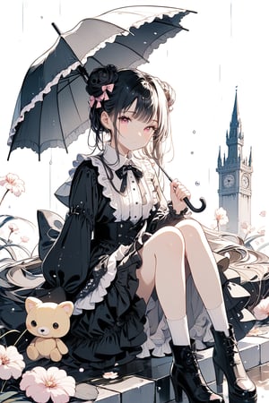 1girl, solo, long hair, looking at viewer, bangs, black hair, long sleeves, dress, bow, holding, sitting, closed mouth, boots, frills, socks, pink eyes, hair bun, black footwear, black dress, high heels, kneehighs, double bun, umbrella, stuffed toy, frilled dress, stuffed animal, rain, lolita fashion, holding umbrella, gothic lolita, black umbrella