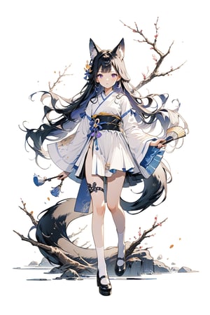 1girl, solo, long hair, looking at viewer, bangs, simple background, black hair, long sleeves, white background, dress, holding, animal ears, very long hair, purple eyes, tail, full body, shoes, socks, wide sleeves, black footwear, kneehighs, thigh strap, white socks, hand fan, branch, holding fan