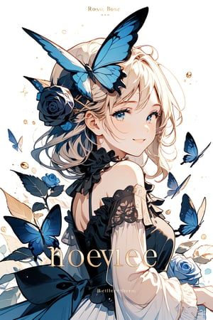 1girl, solo, looking at viewer, smile, blue eyes, holding, flower, character name, english text, no humans, rose, bug, butterfly, blue flower, blue butterfly, black flower, black rose