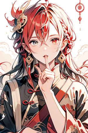 solo, long hair, looking at viewer, hair ornament, red eyes, gloves, 1boy, jewelry, braid, male focus, red hair, earrings, grey eyes, mask, heterochromia, chinese clothes, instrument, finger to mouth, shushing