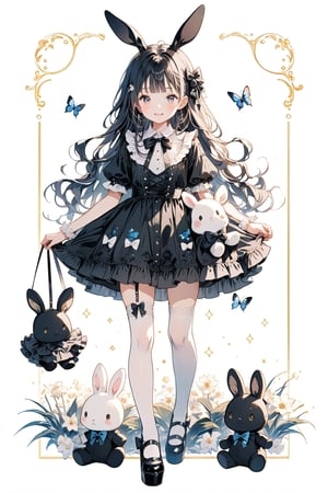 1girl, solo, long hair, looking at viewer, blush, smile, bangs, black hair, hair ornament, thighhighs, dress, bow, ribbon, holding, standing, full body, short sleeves, hair bow, frills, shoes, blunt bangs, black footwear, black dress, white thighhighs, black bow, blue bow, stuffed toy, frilled dress, stuffed animal, white bow, single thighhigh, mary janes, lolita fashion, rabbit, zoom layer, gothic lolita, stuffed bunny, platform footwear, holding stuffed toy