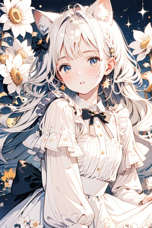 1girl, solo, long hair, looking at viewer, blush, bangs, blue eyes, hair ornament, long sleeves, dress, bow, animal ears, braid, flower, white hair, hair bow, frills, puffy sleeves, cat ears, hair flower, star \(symbol\), white dress, english text, black bow, white flower, pale skin, puffy long sleeves