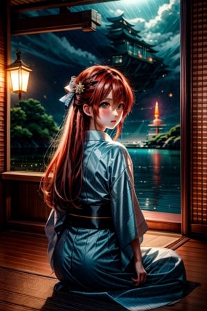 High quality, masterpiece, 1girl, shiny long red hair in a pnytail, brigth turquoise pupils, a long yukata with images of clouds and flowers, sitting under a tree and overlooking a lake,Illustration,ayaka_genshin,klee (genshin impact),wrenchmicroarch,seek,tshee00d,Futuristic room,ghostrider,dragonyear,score_9,style,1 girl ,sangonomiya kokomi (sparkling coralbone),firefliesfireflies,Void volumes