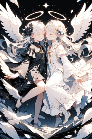 long hair, bangs, multiple girls, hair ornament, long sleeves, dress, bow, 2girls, full body, closed eyes, flower, white hair, heart, frills, wings, hair flower, wide sleeves, black dress, siblings, halo, cross, black background, feathered wings, angel wings, twins, white wings, angel, contrast