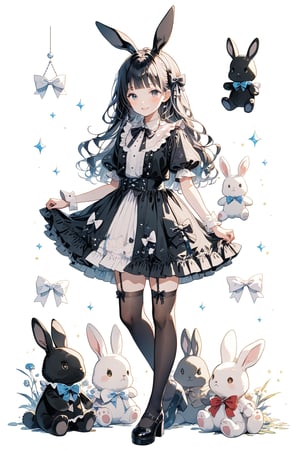 1girl, solo, long hair, looking at viewer, blush, smile, bangs, black hair, hair ornament, thighhighs, dress, bow, ribbon, holding, standing, full body, short sleeves, hair bow, frills, shoes, blunt bangs, black footwear, black dress, white thighhighs, black bow, blue bow, stuffed toy, frilled dress, stuffed animal, white bow, single thighhigh, mary janes, lolita fashion, rabbit, zoom layer, gothic lolita, stuffed bunny, platform footwear, holding stuffed toy