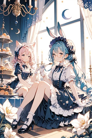 long hair, looking at viewer, smile, bangs, multiple girls, gloves, dress, bow, holding, 2girls, animal ears, twintails, sitting, green eyes, blue hair, purple eyes, pink hair, braid, flower, short sleeves, frills, food, shoes, glasses, socks, puffy sleeves, indoors, white gloves, rabbit ears, apron, high heels, book, moon, frilled dress, white flower, curtains, lolita fashion, rabbit, candle, purple footwear, crescent moon, bonnet, egg