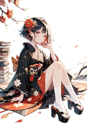 1girl, solo, looking at viewer, short hair, bangs, simple background, black hair, hair ornament, red eyes, long sleeves, white background, sitting, closed mouth, full body, flower, red hair, multicolored hair, japanese clothes, socks, hand up, hair flower, wide sleeves, kimono, from side, two-tone hair, sash, obi, floral print, white socks, red flower, red nails, skull, colored inner hair, black kimono, platform footwear, book stack