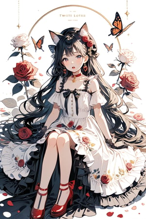 1girl, solo, long hair, looking at viewer, blush, open mouth, bangs, blue eyes, hair ornament, hat, dress, bow, holding, animal ears, sitting, full body, flower, white hair, frills, cat ears, hair flower, english text, animal ear fluff, rose, floral print, bug, white flower, butterfly, lolita fashion, white rose
1girl, solo, long hair, looking at viewer, bangs, black hair, hair ornament, red eyes, gloves, dress, ribbon, holding, twintails, jewelry, sitting, full body, flower, short sleeves, earrings, frills, choker, white gloves, hair flower, white dress, english text, petals, rose, frilled dress, bug, white flower, red flower, butterfly, red footwear, red rose, red choker, white rose