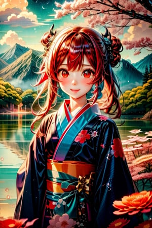 High quality, masterpiece, 1girl, shiny long red hair in a pnytail, brigth turquoise pupils, a long yukata with images of clouds and flowers, sitting under a tree and overlooking a lake,Illustration,ayaka_genshin,klee (genshin impact),wrenchmicroarch,seek,tshee00d,Futuristic room,ghostrider,dragonyear,score_9,style,1 girl ,sangonomiya kokomi (sparkling coralbone),firefliesfireflies,Void volumes