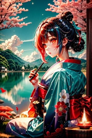 High quality, masterpiece, 1girl, shiny long red hair in a pnytail, brigth turquoise pupils, a long yukata with images of clouds and flowers, sitting under a tree and overlooking a lake,Illustration,ayaka_genshin,klee (genshin impact),wrenchmicroarch,seek,tshee00d,Futuristic room,ghostrider,dragonyear,score_9,style,1 girl ,sangonomiya kokomi (sparkling coralbone),firefliesfireflies,Void volumes