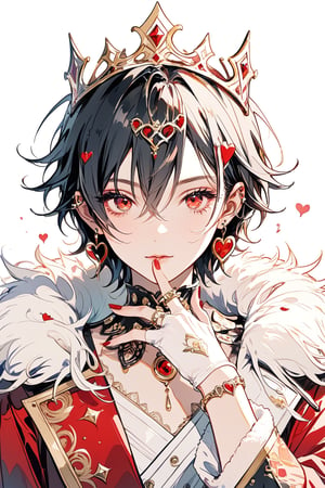 solo, looking at viewer, short hair, bangs, black hair, red eyes, gloves, long sleeves, 1boy, hair between eyes, jewelry, closed mouth, upper body, male focus, heart, earrings, white gloves, nail polish, fur trim, piercing, ring, crown, instrument, red nails, multiple rings