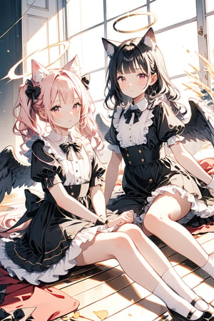 long hair, looking at viewer, blush, bangs, multiple girls, black hair, dress, bow, ribbon, 2girls, animal ears, twintails, sitting, closed mouth, pink hair, short sleeves, hair bow, frills, wings, shoes, socks, puffy sleeves, indoors, cat ears, blunt bangs, pink eyes, black footwear, black dress, puffy short sleeves, animal ear fluff, wrist cuffs, window, black bow, halo, wariza, frilled dress, feathered wings, extra ears, mary janes, angel wings, angel