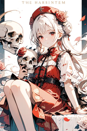 1girl, solo, long hair, looking at viewer, bangs, hair ornament, red eyes, dress, holding, closed mouth, flower, white hair, short sleeves, hair flower, hair bun, official alternate costume, feet out of frame, rose, red dress, red flower, red headwear, skull, red rose, doll, chinese text, holding skull